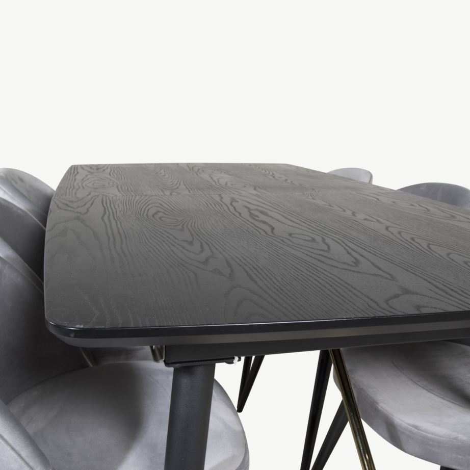 Must pikendatav söögilauakomplekt Gold messingdetailidega ja kuue halli velvetist tooliga, GR19407 – 3