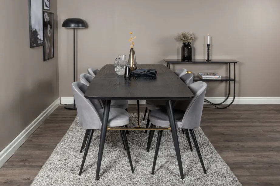 Must pikendatav söögilauakomplekt Gold messingdetailidega ja kuue halli velvetist tooliga, GR19407 – 4