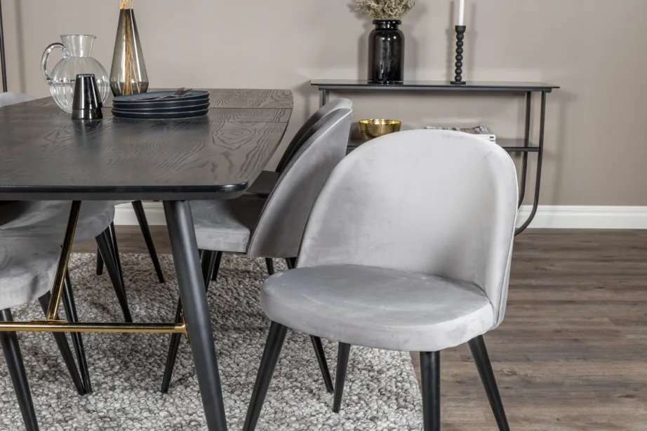 Must pikendatav söögilauakomplekt Gold messingdetailidega ja kuue halli velvetist tooliga, GR19407 – 6