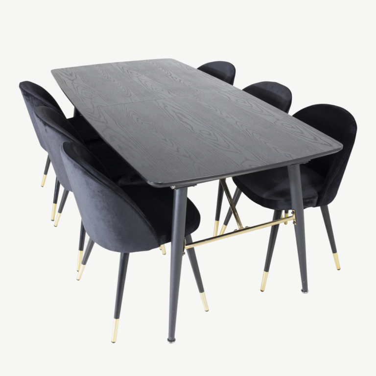 Pikendatav must söögilaud Gold kuldsete detailidega ja mustad velvetist toolid - GR19409