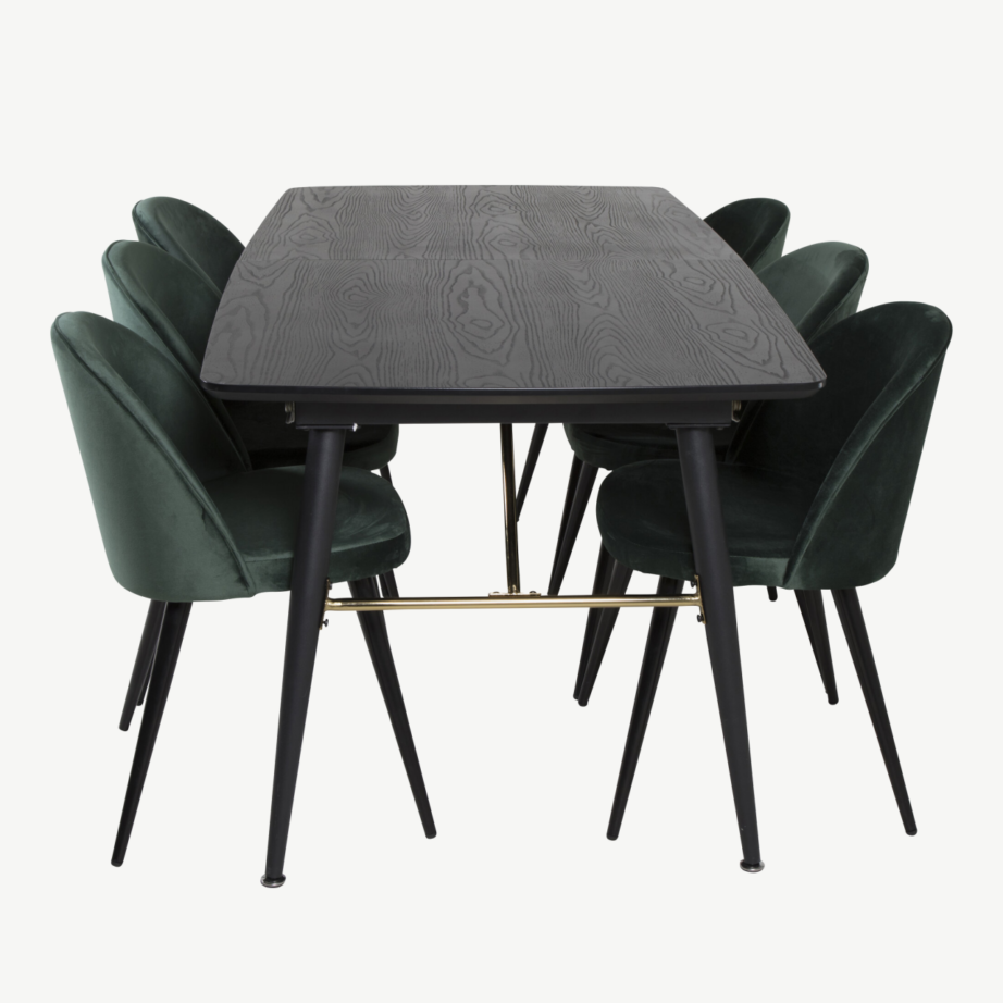 Pikendatav must spoonkattega söögilaud Gold ja 6 rohelist velvetkattega tooli, GR19412 – 2