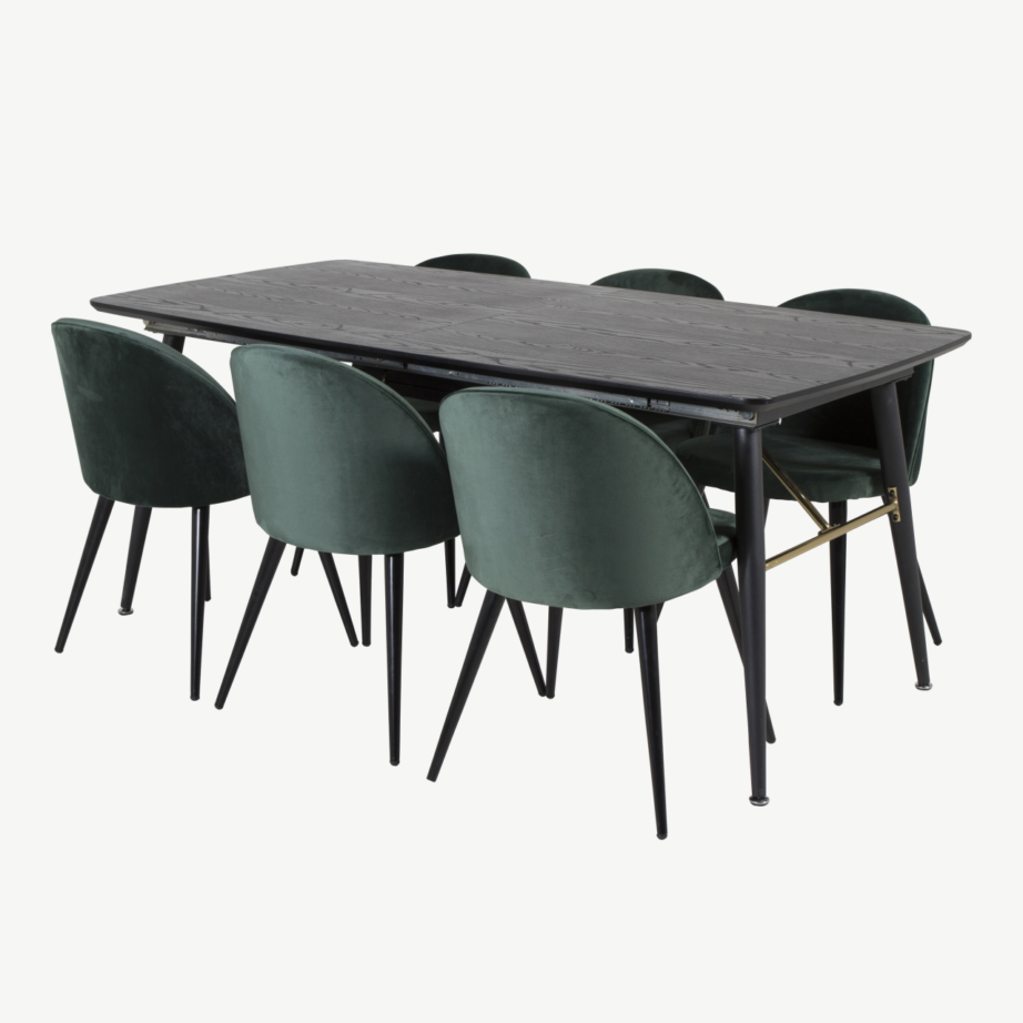 Pikendatav must spoonkattega söögilaud Gold ja 6 rohelist velvetkattega tooli, GR19412