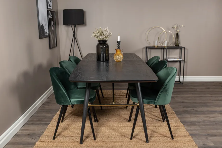 Pikendatav must spoonkattega söögilaud Gold ja 6 rohelist velvetkattega tooli, GR19412 – 3