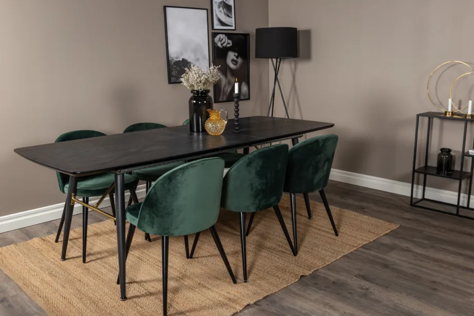 Pikendatav must spoonkattega söögilaud Gold ja 6 rohelist velvetkattega tooli, GR19412 – 4