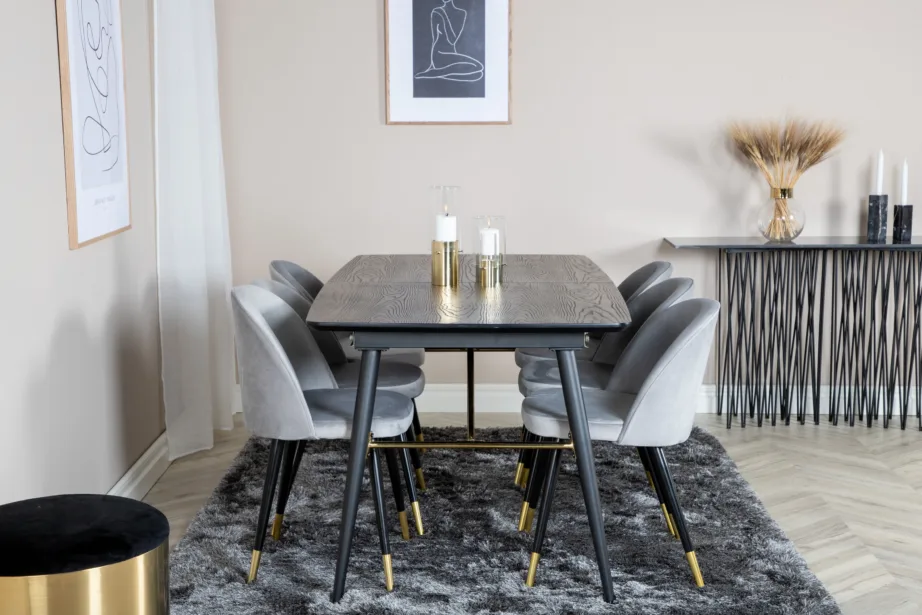 Laiendatav must söögilauakomplekt Gold hallide samettoolidega ja kuldsete detailidega, GR19413 – 3