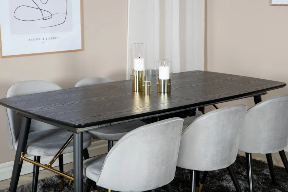 Laiendatav must söögilauakomplekt Gold hallide samettoolidega ja kuldsete detailidega, GR19413 – 6