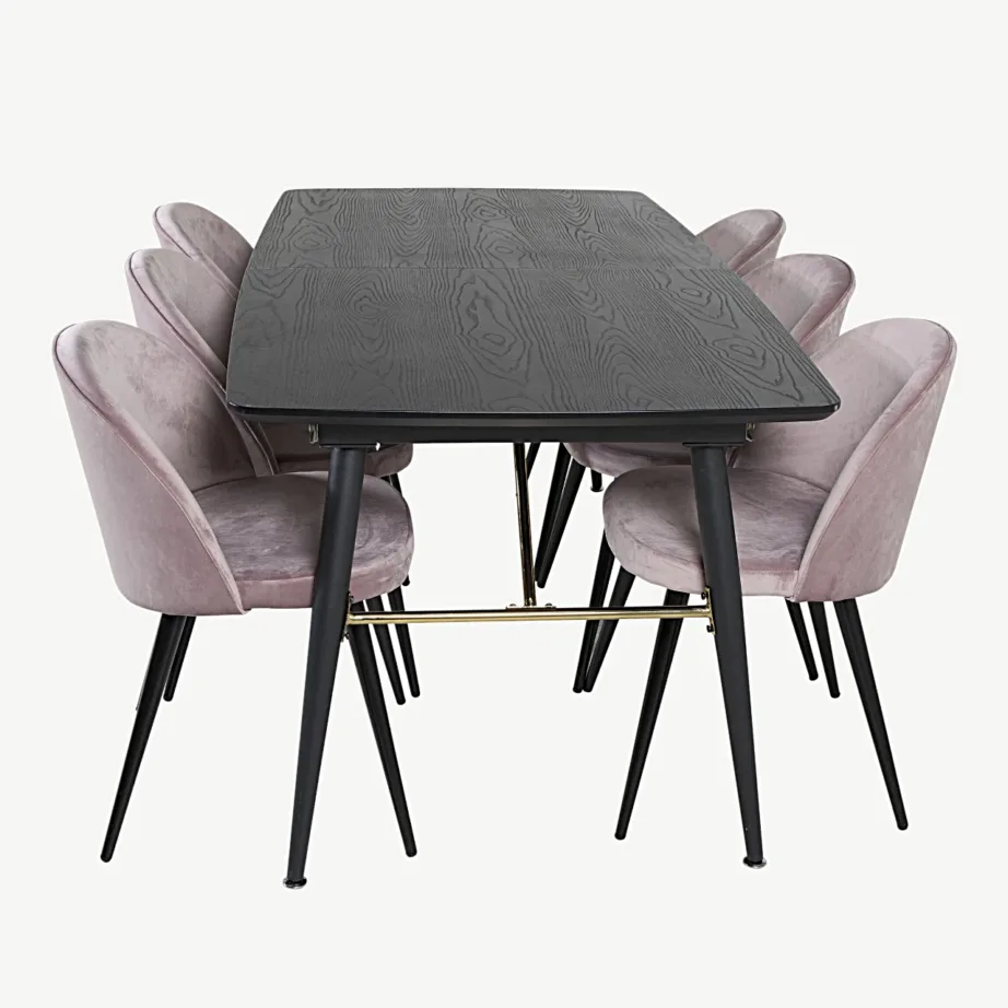 Must pikendatav söögilaud Gold messingdetailidega ja tolmuroosade velvetkattega toolidega, GR19415 – 2
