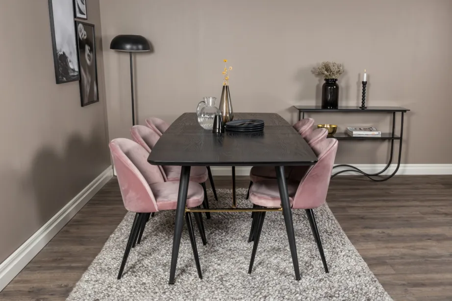 Must pikendatav söögilaud Gold messingdetailidega ja tolmuroosade velvetkattega toolidega, GR19415 – 3