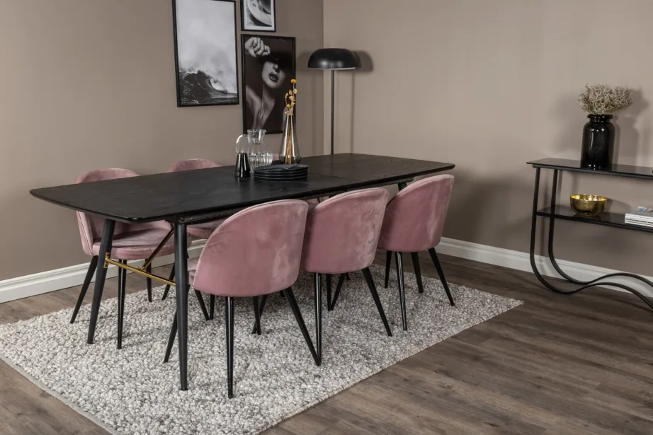 Must pikendatav söögilaud Gold messingdetailidega ja tolmuroosade velvetkattega toolidega, GR19415 – 4