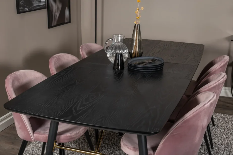Must pikendatav söögilaud Gold messingdetailidega ja tolmuroosade velvetkattega toolidega, GR19415 – 6