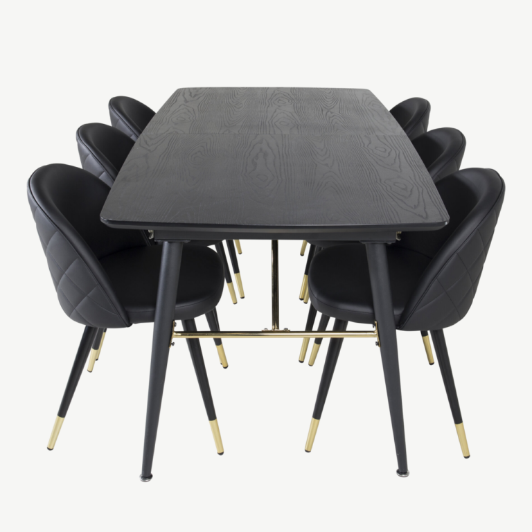 Pikendatav must söögilauakomplekt Gold ja Velvet-seeria mustad kuldsete detailidega toolid (180/220×85 cm) - GR19419
