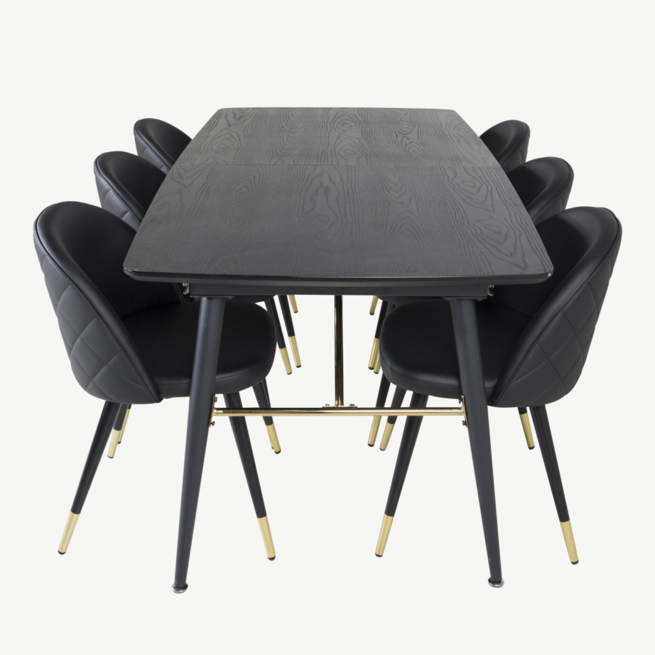 Pikendatav must söögilauakomplekt Gold ja Velvet-seeria mustad kuldsete detailidega toolid (180/220×85 cm), GR19419 – 2