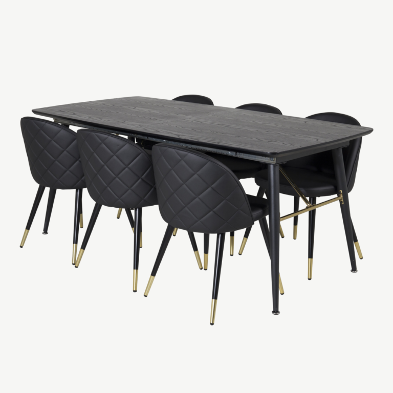 Pikendatav must söögilauakomplekt Gold ja Velvet-seeria mustad kuldsete detailidega toolid (180/220×85 cm) - GR19419