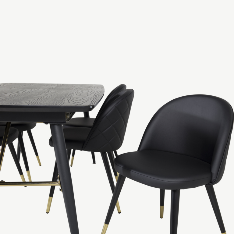 Pikendatav must söögilauakomplekt Gold ja Velvet-seeria mustad kuldsete detailidega toolid (180/220×85 cm) - GR19419