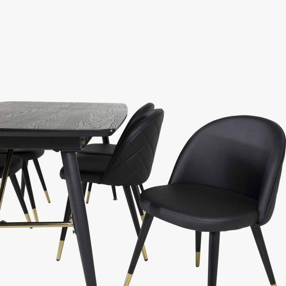 Pikendatav must söögilauakomplekt Gold ja Velvet-seeria mustad kuldsete detailidega toolid (180/220×85 cm), GR19419 – 3
