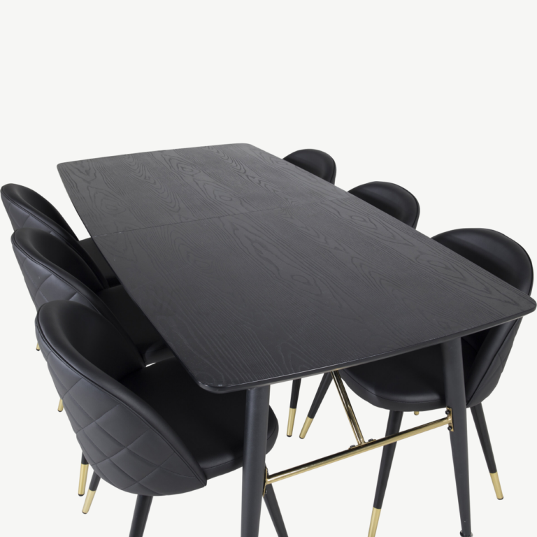 Pikendatav must söögilauakomplekt Gold ja Velvet-seeria mustad kuldsete detailidega toolid (180/220×85 cm) - GR19419