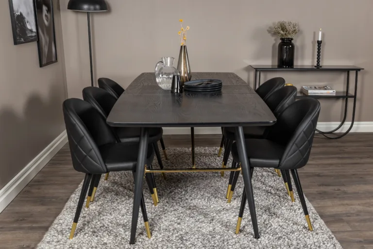 Pikendatav must söögilauakomplekt Gold ja Velvet-seeria mustad kuldsete detailidega toolid (180/220×85 cm) - GR19419