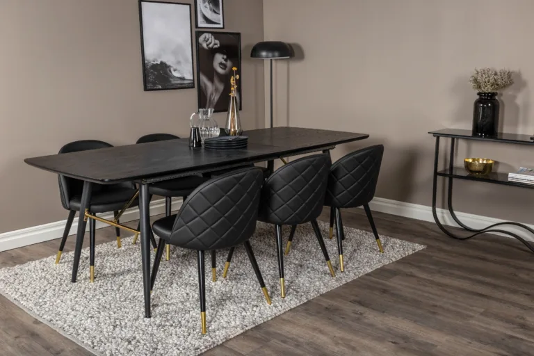 Pikendatav must söögilauakomplekt Gold ja Velvet-seeria mustad kuldsete detailidega toolid (180/220×85 cm) - GR19419