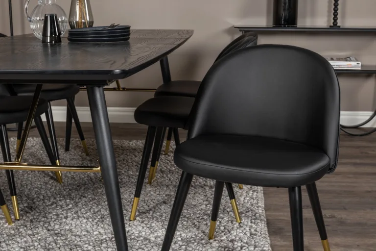 Pikendatav must söögilauakomplekt Gold ja Velvet-seeria mustad kuldsete detailidega toolid (180/220×85 cm) - GR19419
