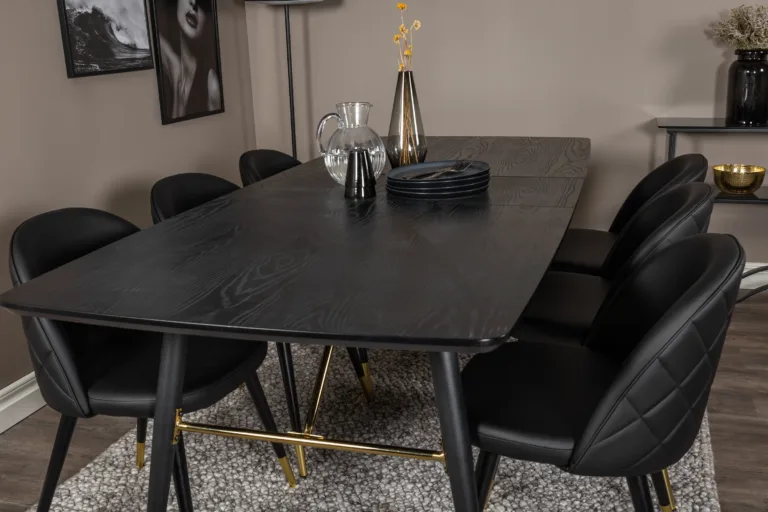 Pikendatav must söögilauakomplekt Gold ja Velvet-seeria mustad kuldsete detailidega toolid (180/220×85 cm) - GR19419