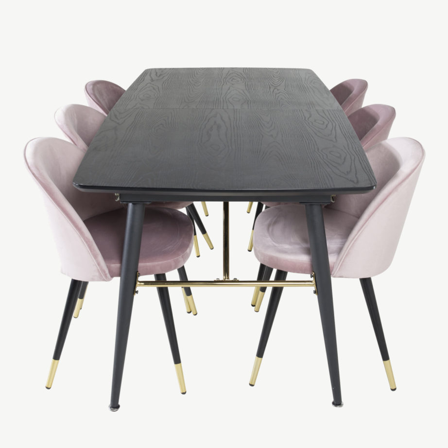 Pikendatav must söögilaud Gold ja tolmuroosad samettoolid kuldsete detailidega (180/220×85 cm), GR19421 – 2