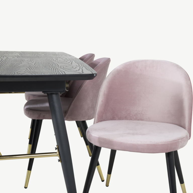 Pikendatav must söögilaud Gold ja tolmuroosad samettoolid kuldsete detailidega (180/220×85 cm) - GR19421
