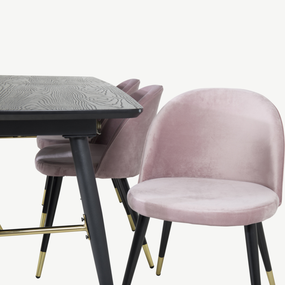 Pikendatav must söögilaud Gold ja tolmuroosad samettoolid kuldsete detailidega (180/220×85 cm), GR19421 – 3