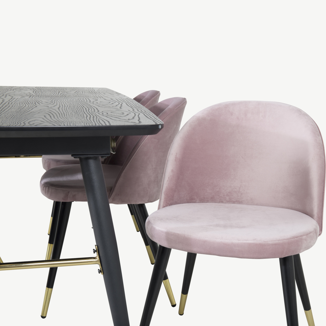 Pikendatav must söögilaud Gold ja tolmuroosad samettoolid kuldsete detailidega (180/220×85 cm) - GR19421