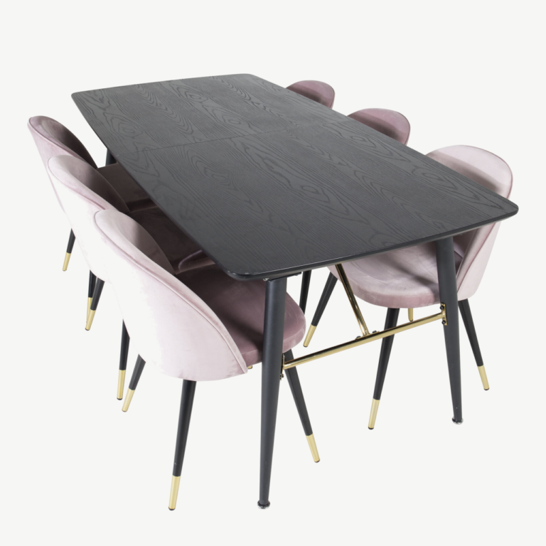 Pikendatav must söögilaud Gold ja tolmuroosad samettoolid kuldsete detailidega (180/220×85 cm) - GR19421