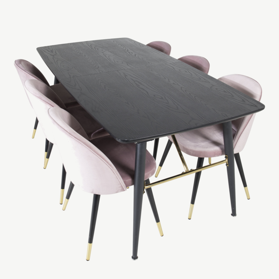 Pikendatav must söögilaud Gold ja tolmuroosad samettoolid kuldsete detailidega (180/220×85 cm), GR19421 – 4