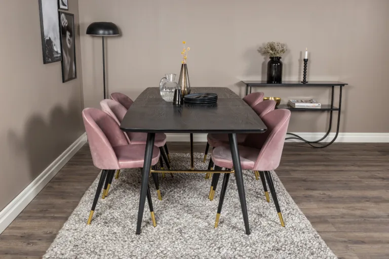 Pikendatav must söögilaud Gold ja tolmuroosad samettoolid kuldsete detailidega (180/220×85 cm) - GR19421