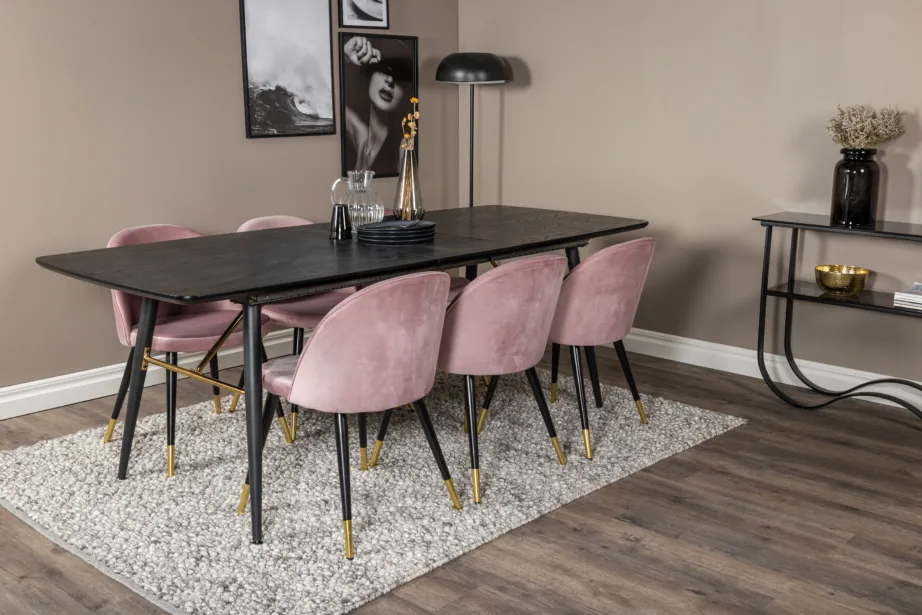 Pikendatav must söögilaud Gold ja tolmuroosad samettoolid kuldsete detailidega (180/220×85 cm), GR19421 – 6