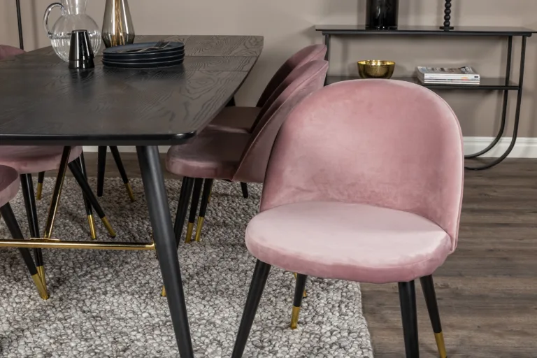 Pikendatav must söögilaud Gold ja tolmuroosad samettoolid kuldsete detailidega (180/220×85 cm) - GR19421