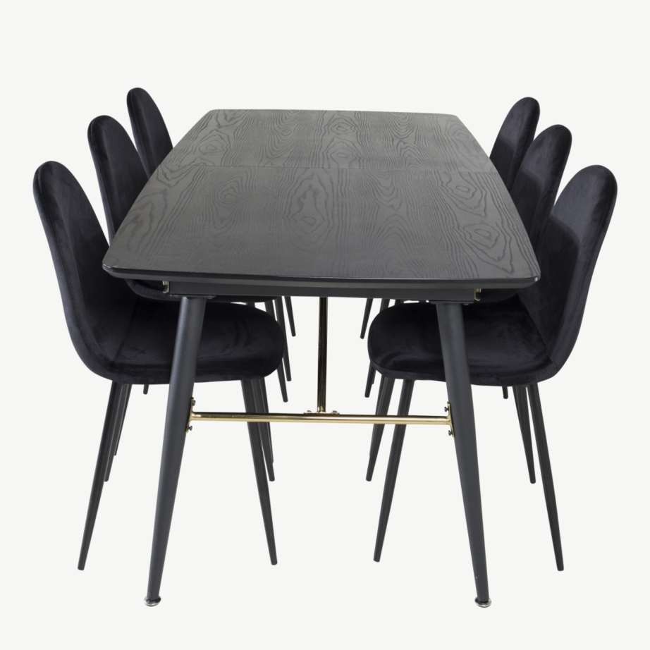 Pikendatav must söögilauakomplekt Gold, messingidetailide ja 6 sametist Polar tooliga, GR19423 – 2