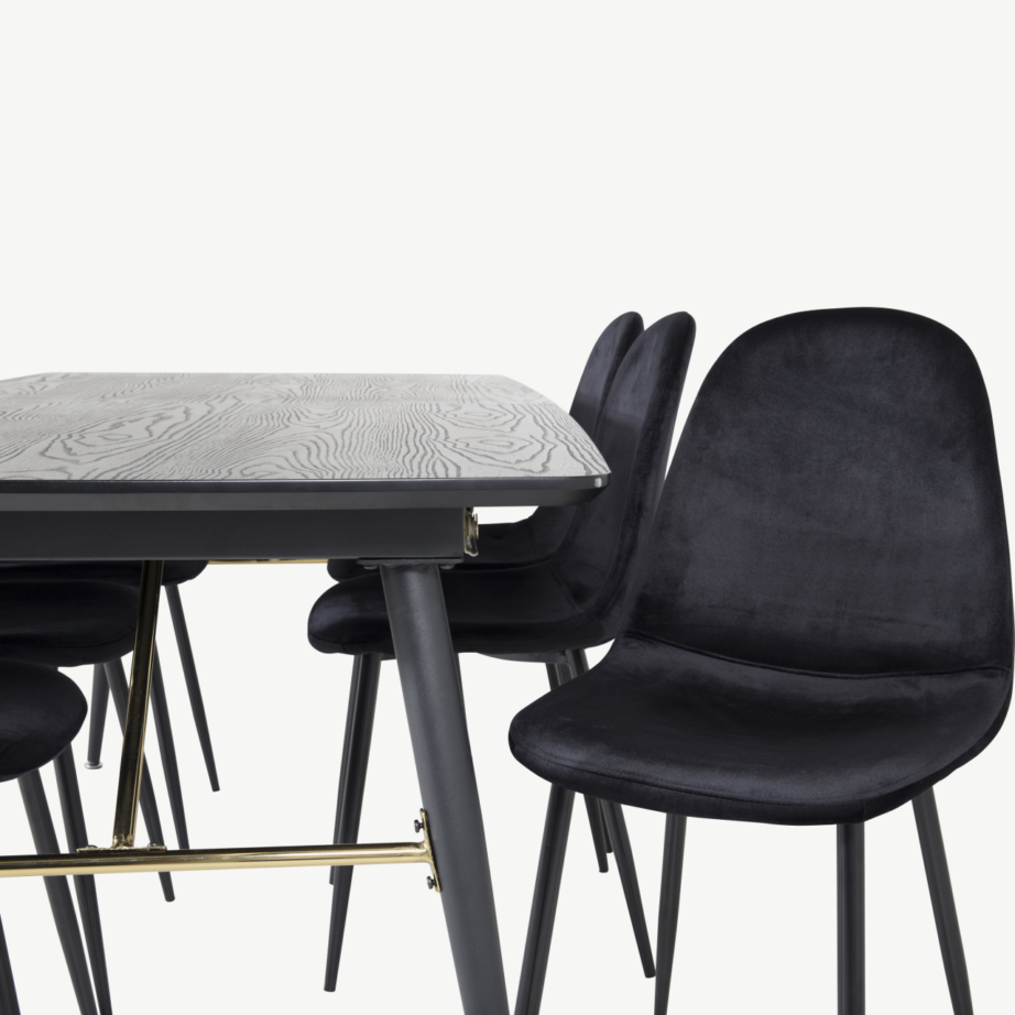 Pikendatav must söögilauakomplekt Gold, messingidetailide ja 6 sametist Polar tooliga, GR19423 – 3