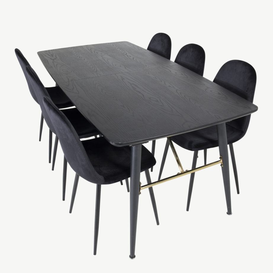Pikendatav must söögilauakomplekt Gold, messingidetailide ja 6 sametist Polar tooliga, GR19423 – 4