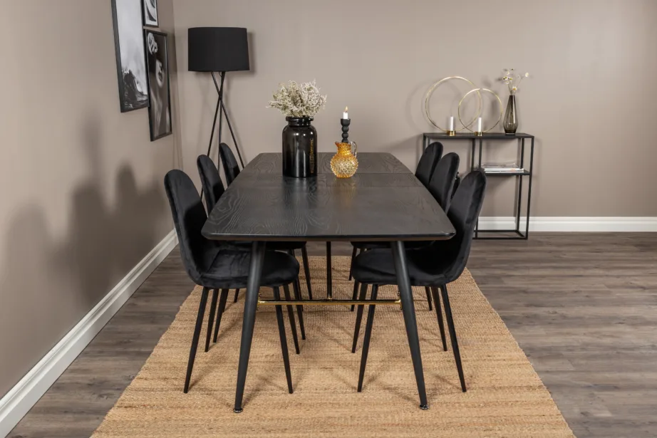 Pikendatav must söögilauakomplekt Gold, messingidetailide ja 6 sametist Polar tooliga, GR19423 – 5