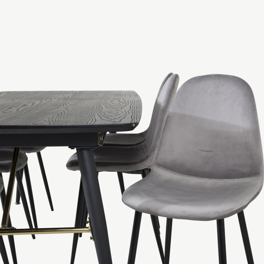 Pikendatav must söögilaud messingdetailidega ja kuus halli samettooli, GR19425 – 3