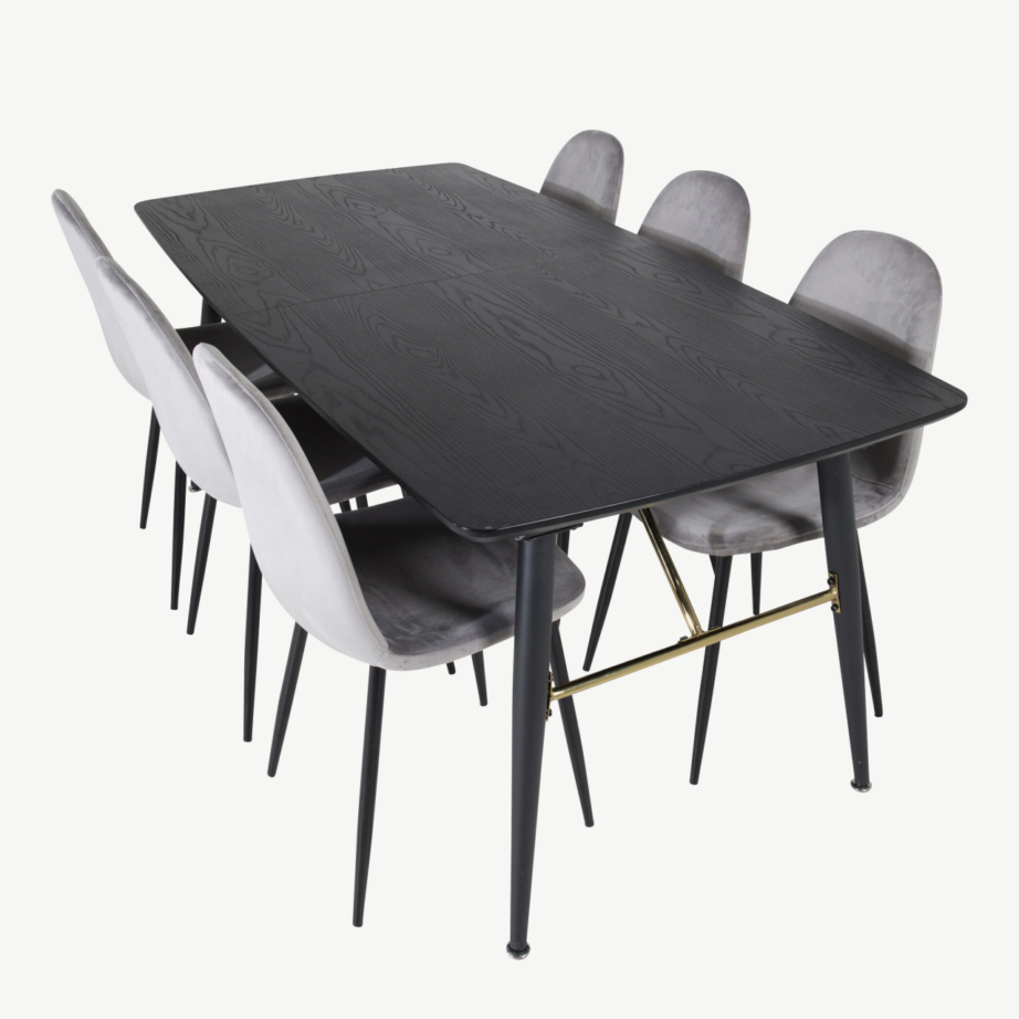 Pikendatav must söögilaud messingdetailidega ja kuus halli samettooli, GR19425 – 4