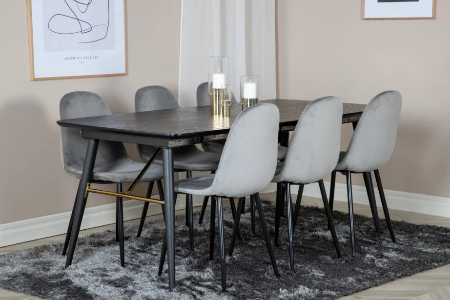 Pikendatav must söögilaud messingdetailidega ja kuus halli samettooli, GR19425 – 6