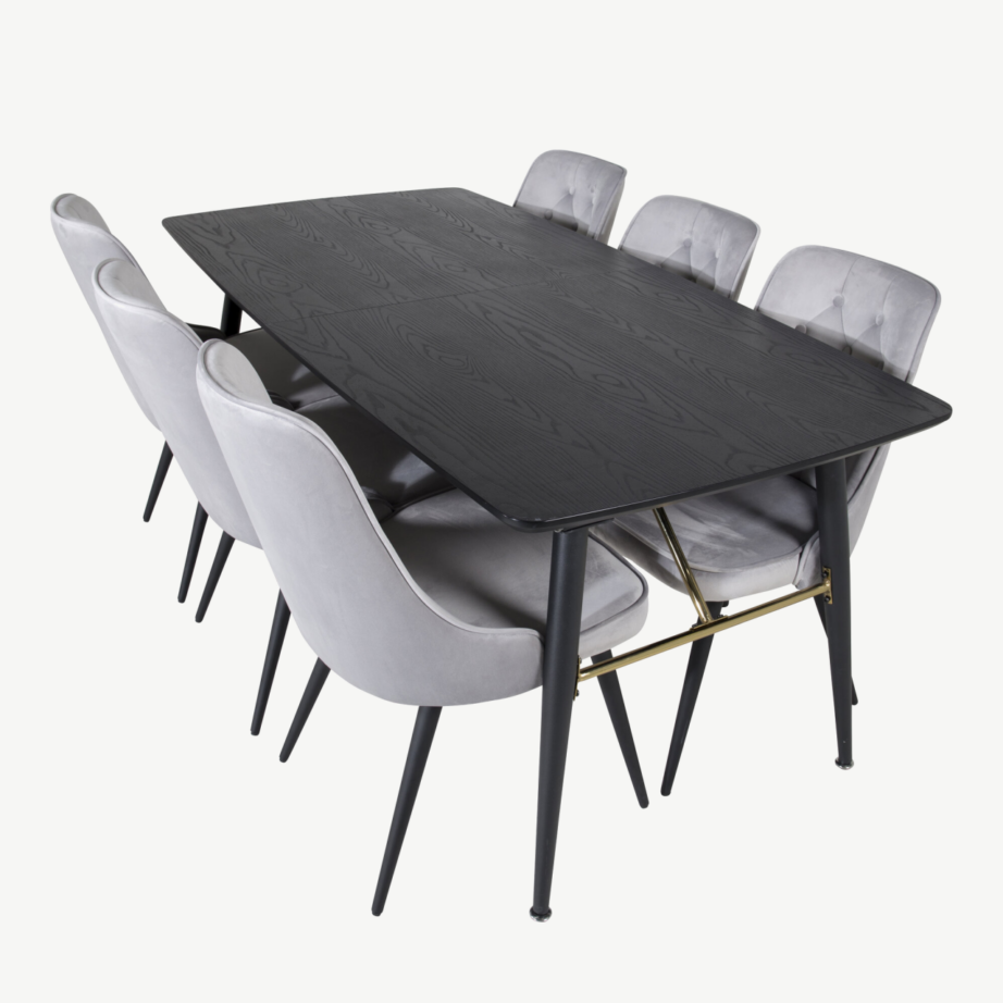 Must pikendatav söögilauakomplekt Gold messingdetailidega ja 6 helehalli sametist tooliga, GR19426 – 4