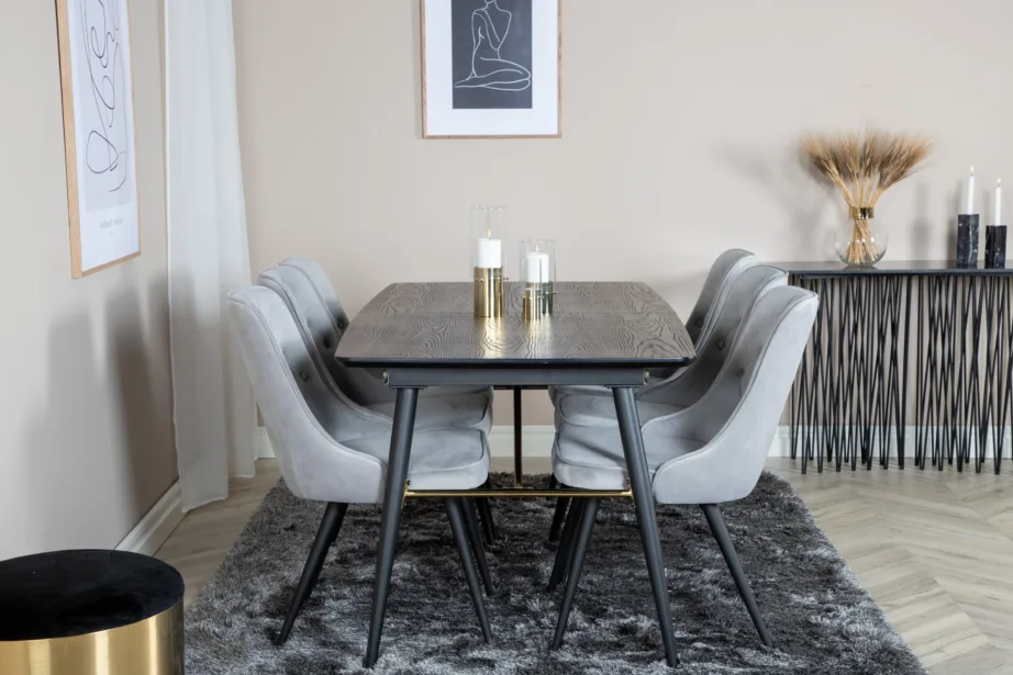 Must pikendatav söögilauakomplekt Gold messingdetailidega ja 6 helehalli sametist tooliga, GR19426 – 5