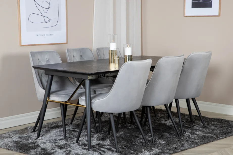 Must pikendatav söögilauakomplekt Gold messingdetailidega ja 6 helehalli sametist tooliga, GR19426 – 6