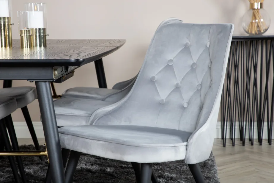 Must pikendatav söögilauakomplekt Gold messingdetailidega ja 6 helehalli sametist tooliga, GR19426 – 7