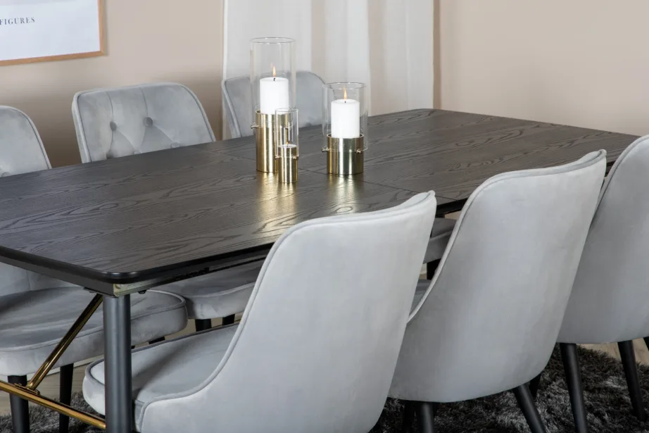 Must pikendatav söögilauakomplekt Gold messingdetailidega ja 6 helehalli sametist tooliga, GR19426 – 8