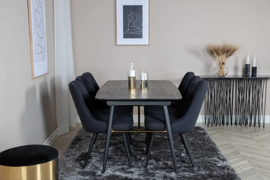 Must pikendatav söögilaud Gold messingidetailidega + sametkattega toolid (6 tk), GR19431 – 5