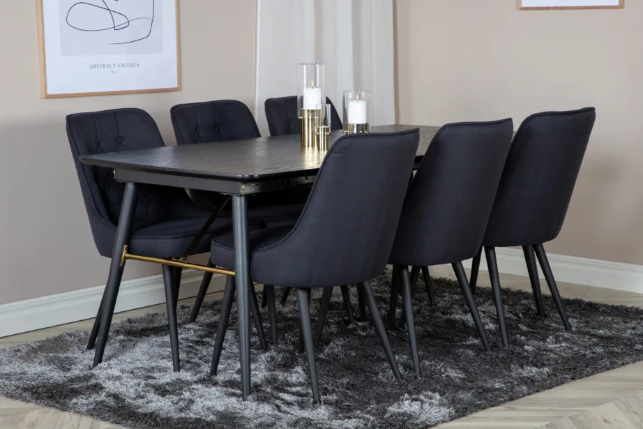 Must pikendatav söögilaud Gold messingidetailidega + sametkattega toolid (6 tk), GR19431 – 6