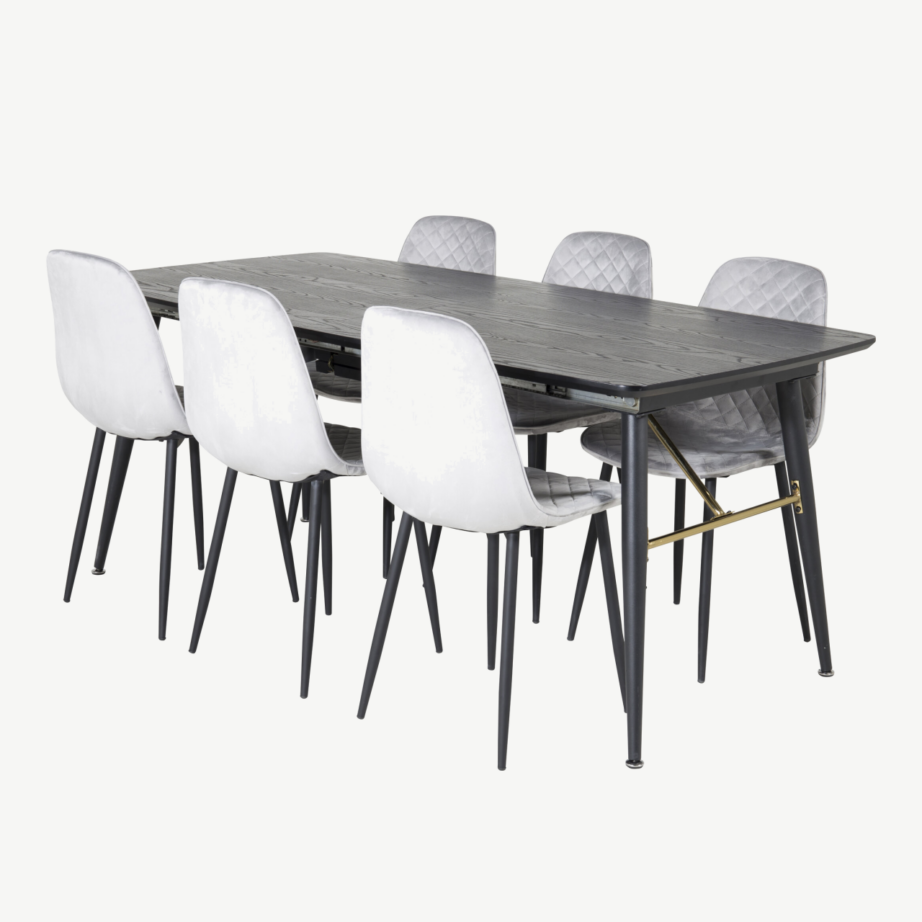 Gold must viimistletud pikendatav söögilaud ja hallid velvetist söögitoolid Polar, GR19433 – 3