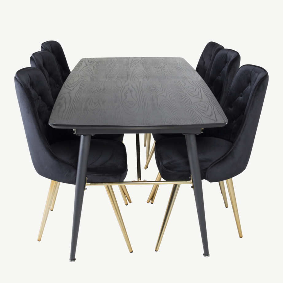 Pikendatav must söögilauakomplekt kuldsete detailidega, 6 sametkattega tooliga, GR19438 – 2
