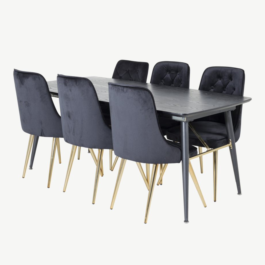 Pikendatav must söögilauakomplekt kuldsete detailidega, 6 sametkattega tooliga, GR19438 – 3